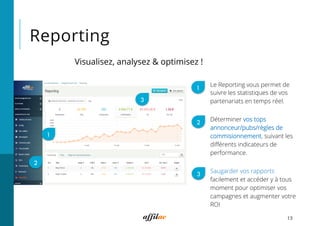 Reporting
13
Le Reporting vous permet de
suivre les statistiques de vos
partenariats en temps réel.
Déterminer vos tops
annonceur/pubs/règles de
commisionnement, suivant les
diﬀérents indicateurs de
performance.
Saugarder vos rapports
facilement et accéder y à tous
moment pour optimiser vos
campagnes et augmenter votre
ROI
1
2
3
1
2
3
Visualisez, analysez & optimisez !
 