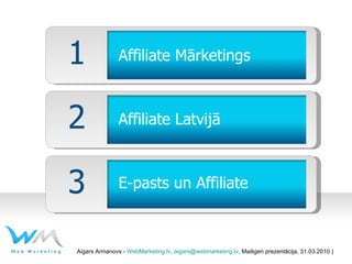 Affiliate Mārketings Affiliate mārk. Latvijā E-pasts un Affiliate Affiliate Mārketings Affiliate Latvijā E-pasts un Affiliate Aigars Armanovs -  WebMarketing.lv ,  [email_address] , Mailigen prezentācija, 31.03.2010.) 1 2 3 