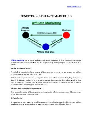 www.magebuzz.com
BENEFITS OF AFFILIATE MARKETING
Affiliate marketing can be a great marketing tool that one undertakes. It clearly has its advantages over
traditional advertising and promoting schemes, so please keep reading this post to find out more of its
benefits.
What is affiliate marketing?
First of all, it is required to know what an affiliate marketing is so that you can manage your affiliate
programs in the most proper and efficient way.
Affiliate marketing is known as the hosting of particular links or banners on a website, blog or any social
channel. By this way, you have to pay a certain fee amount whenever online clients click through on these
links and make their purchases. In other words, affiliate relationship is the selling of products or services
provided by others and getting paid for each direct sale.
What are the benefits of affiliate marketing?
Once managed correctly, affiliate marketing can be a powerful online marketing strategy. Here are several
typical benefits of such a marketing tactic:
1. Cost-effective
In comparison to other marketing tools like pay-per-click, google adwords and multi-media, etc, affiliate
is ranked among the most cost effective marketing options becos’ of the following features:
 