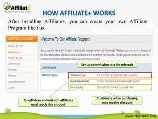 After installing Affiliate+, you can create your own Affiliate
Program like this:




                                          Set up commission rate for referrals




                                                    Customers when purchasing
      To withdraw commission affiliates
                                                       may receive discount
           must reach this amount


                                                                        www.magestore.com
 