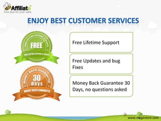 Free Lifetime Support


Free Updates and bug
Fixes

Money Back Guarantee 30
Days, no questions asked




                        www.magestore.com
 