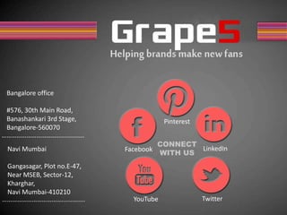 CONNECT
WITH US
Pinterest
Facebook
TwitterYouTube
LinkedIn
Bangalore office
#576, 30th Main Road,
Banashankari 3rd Stage,
Bangalore-560070
Navi Mumbai
Gangasagar, Plot no.E-47,
Near MSEB, Sector-12,
Kharghar,
Navi Mumbai-410210
……………………………….............
 