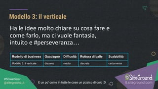 Modello 3: il verticale
it.siteground.com
#SGwebinar
@siteground_it
Modello di business Guadagno Difficoltà Rottura di balle Scalabilità
Modello 3: il verticale discreto media discreta certamente
Ha le idee molto chiare su cosa fare e
come farlo, ma ci vuole fantasia,
intuito e #perseveranza…
E un po’ come in tutte le cose un pizzico di culo :D
 