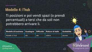 Modello 4: l’hub
it.siteground.com
#SGwebinar
@siteground_it
Modello di business Guadagno Difficoltà Rottura di balle Scalabilità
Modello 4: l’hub alto alta relativa discreta
Ti posizioni e poi vendi spazi (o prendi
percentuali) a terzi che da soli non
potrebbero arrivare li.
 