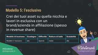 Modello 5: l’esclusivo
it.siteground.com
#SGwebinar
@siteground_it
Modello di business Guadagno Difficoltà Rottura di balle Scalabilità
Modello 5: l’esclusivo alto dipende media alta
Crei dei tuoi asset su quella nicchia e
lavori in esclusiva con un
brand/azienda in affiliazione (spesso
in revenue share)
 