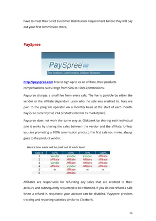 14
have to meet their strict Customer Distribution Requirement before they will pay
out your first commission check.
PaySpree
http://payspree.com Free to sign up to as an affiliate, their products
compensations rates range from 50% to 100% commissions.
Payspree charges a small fee from every sale. The fee is payable by either the
vendor or the affiliate dependant upon who the sale was credited to. Fees are
paid to the program operator on a monthly basis at the start of each month.
Payspree currently has 274 products listed in its marketplace.
Payspree does not work the same way as Clickbank by sharing each individual
sale it works by sharing the sales between the vendor and the affiliate. Unless
you are promoting a 100% commission product, the first sale you make, always
goes to the product vendor.
Affiliates are responsible for refunding any sales that are credited to their
account and subsequently requested to be refunded. If you do not refund a sale
when a refund is requested your account can be disabled. Payspree provides
tracking and reporting statistics similar to Clickbank.
 