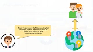 What is affiliate marketing?
Affiliate marketing is a form of digital marketing that involves a merchant paying
commissions to a website or other entities for advertising the merchant’s product with
referrals
This is the component of affiliate marketing that
creates the product. The merchant could be
anyone; from startups to large
multi-national companies
 