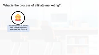 What is the process of affiliate marketing?
You can choose an affiliate
best suited to represent
your brand and products
 