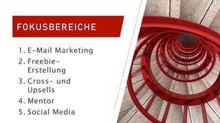 FOKUSBEREICHE
1. E-Mail Marketing
2. Freebie-
Erstellung
3. Cross- und
Upsells
4. Mentor
5. Social Media
 