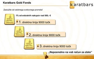 Karatbars Gold Fonds 
Zaslužite od celotnega svetovnega prometa! 1% od enkratnih nakupov nad 500,- € 1. direktna linija 9000 točk 
2. 
direktna linija 9000 točk 
3. 
direktna linija 9000 točk „Neposredno na vaš račun za zlato“  