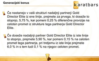 Generacijski bonus 
Če nastanejo v vaši strukturi nadaljnji partnerji Gold Director Elite iz ene linije, prejmete za prvega, ki doseže to stopnjo, 5,75 %, kar pomeni 0,25 % diferenčne provizije na celoten promet iz strukture tega partnerja Gold Director Elite. 
Če doseže nadaljnji partner Gold Director Elite iz iste linije to stopnjo, prejmete 5,90 %, kar pomeni 0,15 % na celoten promet tega partnerja, pri tretjemu iz iste linije prejmete 6,0 % in s tem tudi 0,1 % na njegov celoten promet.  