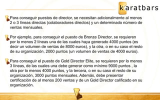 Para conseguir puestos de director, se necesitan adicionalmente al menos 2 o 3 líneas directas (colaboradores directos) y un determinado número de ventas mensuales. Por ejemplo, para conseguir el puesto de Bronze Director, se requieren por lo menos 2 líneas una de las cuales haya generado 4000 puntos (es decir un volumen de ventas de 8000 euros), y la otra, o en su caso el resto de su organización, 2000 puntos (un volumen de ventas de 4000 euros). Para conseguir el puesto de Gold Director Elite, se requieren por lo menos 3 líneas, de las cuales una debe generar como mínimo 9000 puntos , la otra por lo menos 4000 puntos, y la tercera, o en su caso el resto de su organización, 3000 puntos mensuales. Además, debe presentar certificación de al menos 200 ventas y de un Gold Director calificado en su organización.  
