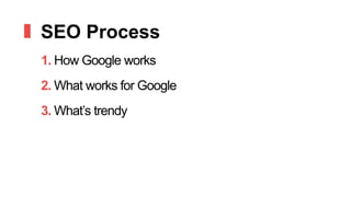SEO Process
1. How Google works
2. What works for Google
3. What’s trendy
 