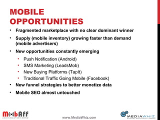 MOBILE
OPPORTUNITIES
• Fragmented marketplace with no clear dominant winner
• Supply (mobile inventory) growing faster tha...