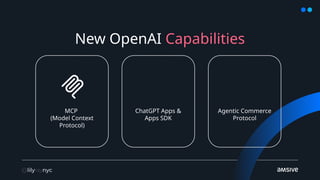 New OpenAI Capabilities
MCP
(Model Context
Protocol)
ChatGPT Apps &
Apps SDK
Agentic Commerce
Protocol
 