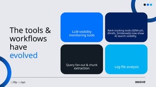 The tools &
workflows
have
evolved
LLM visibility
monitoring tools
Query fan-out & chunk
extraction Log file analysis
Rank tracking tools (SEMrush,
Ahrefs, Similarweb) now show
AI search visibility.
 