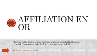 Tous les outils dont vous avez besoin pour réussir dans l'Affiliation sont
réunis ici : marketing, liste, les 7 secrets, guide Super Affilié...
https://bit.ly/affiliation-en-or2
 