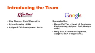 Introducing the Team
• Key Chang – Chief Executive
• Brian Crowley - CTO
• Apigee POC development team
Supported by:
• Meng-Wai Tan – Head of Customer
Engineering, Apigee / BAP, Google
APAC
• Wely Lau, Customer Engineer,
Apigee / BAP, Google APAC
 
