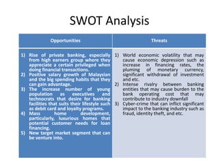 SWOT Analysis
Opportunities

Threats

1) Rise of private banking, especially 1) World economic volatility that may
from high earners group where they
cause economic depression such as
appreciate a certain privileged when
increase in financing rates, the
doing financial transactions.
pluming of monetary currency,
2) Positive salary growth of Malaysian
significant withdrawal of investment
and the big spending habits that they
and etc.
can gain advantage.
2) Intense rivalry between banking
3) The increase number of young
entities that may cause burden to the
population as executives and
bank operating cost that may
technocrats that desire for banking
contribute to industry downfall
facilities that suits their lifestyle such 3) Cyber-crime that can inflict significant
as debit card and loyalty programs.
impact to the banking industry such as
4) Mass
home
development,
fraud, identity theft, and etc.
particularly, luxurious homes that
potential customer needs for loan
financing.
5) New target market segment that can
be venture into.

 
