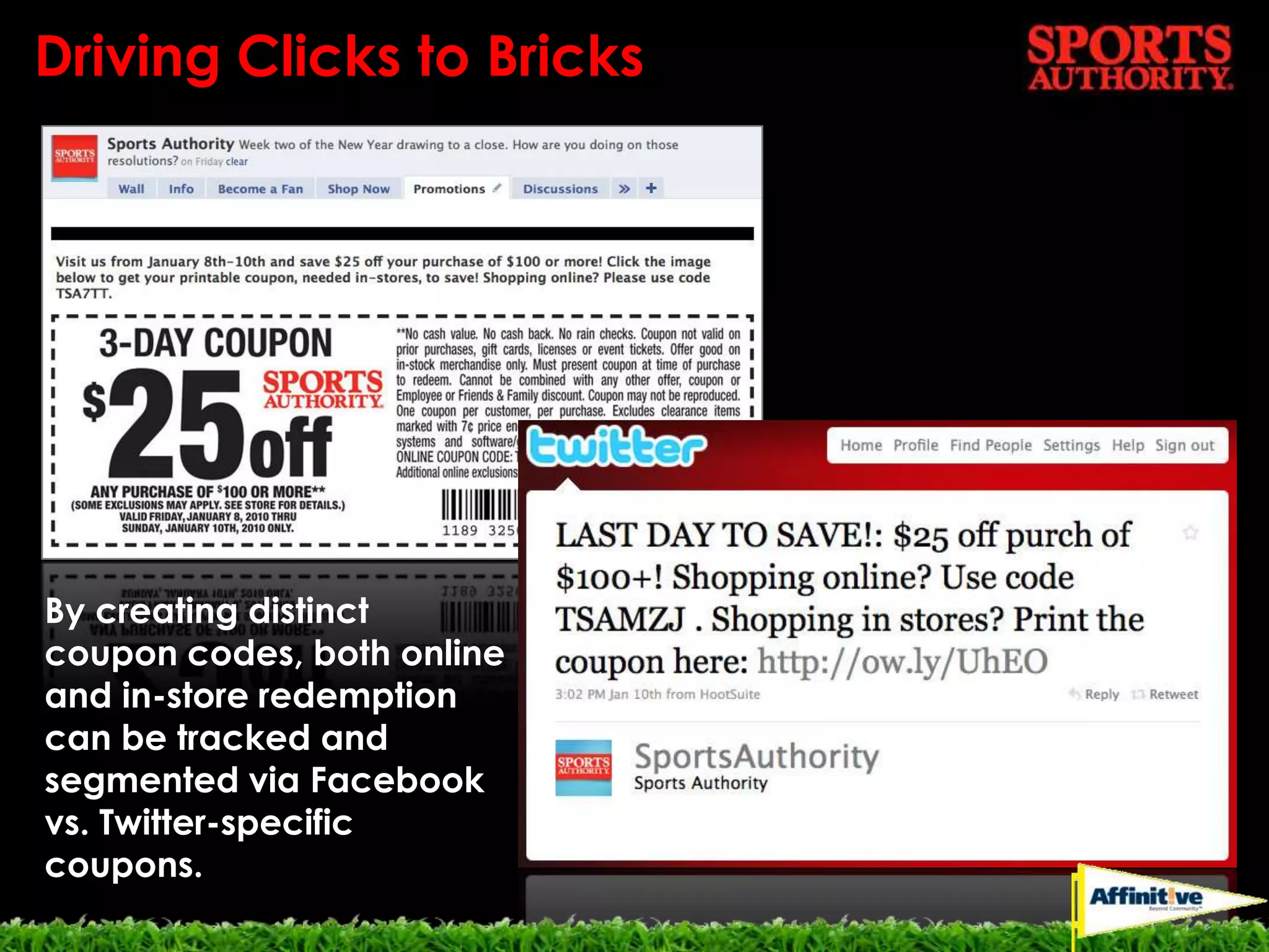 “Like and Win” Facebook SweepstakesAffinitive developed a Facebook sweepstakes platform that has allowed Sports Authority to run more than a dozen different sweepstakes to date, built around different sports themes (World Cup Soccer, Father’s Day/golf, Lacrosse, etc.).In order to enter the sweepstakes, consumers must first become a “Fan” of (aka “Like”) Sports Authority’s Facebook page, which “unlocks” the sweepstakes entry form.Additionally, Sports Authority benefits from significant opt-ins for future communications and the ability to link promotional consumer data with their internal CRM system.