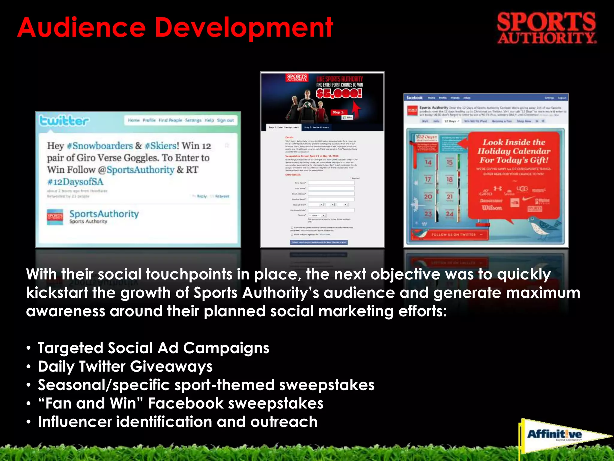 Audience DevelopmentWith their social touchpoints in place, the next objective was to quickly kickstart the growth of Sports Authority’s audience and generate maximum awareness around their planned social marketing efforts:Targeted Social Ad Campaigns