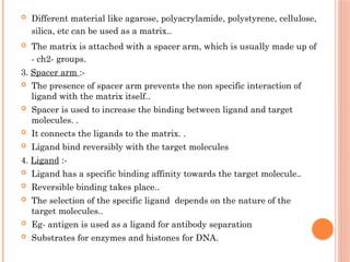  Different material like agarose, polyacrylamide, polystyrene, cellulose,
silica, etc can be used as a matrix..
 The matrix is attached with a spacer arm, which is usually made up of
- ch2- groups.
3. Spacer arm :-
 The presence of spacer arm prevents the non specific interaction of
ligand with the matrix itself..
 Spacer is used to increase the binding between ligand and target
molecules. .
 It connects the ligands to the matrix. .
 Ligand bind reversibly with the target molecules
4. Ligand :-
 Ligand has a specific binding affinity towards the target molecule..
 Reversible binding takes place..
 The selection of the specific ligand depends on the nature of the
target molecules..
 Eg- antigen is used as a ligand for antibody separation
 Substrates for enzymes and histones for DNA.
 