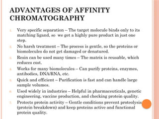 ADVANTAGES OF AFFINITY
CHROMATOGRAPHY
1. Very specific separation – The target molecule binds only to its
matching ligand, so we get a highly pure product in just one
step.
2. No harsh treatment – The process is gentle, so the proteins or
biomolecules do not get damaged or denatured.
3. Resin can be used many times – The matrix is reusable, which
reduces cost.
4. Works for many biomolecules – Can purify proteins, enzymes,
antibodies, DNA/RNA, etc.
5. Quick and efficient – Purification is fast and can handle large
sample volumes.
6. Used widely in industries – Helpful in pharmaceuticals, genetic
engineering, vaccine production, and checking protein quality.
7. Protects protein activity – Gentle conditions prevent proteolysis
(protein breakdown) and keep proteins active and functional
protein quality.
 