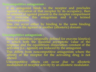 Noncompetitive antagonism :
  If an antagonist binds to the receptor and precludes
  agonist activation of that receptor by its occupancy, then
  no amount of agonist present in the receptor compartment
  can overcome this antagonism and it is termed
  noncompetitive.
  This can occur either by binding to the same binding
  domain as the agonist or another (allosteric) domain.

Uncompetitive antagonism :
  Form of inhibition (originally defined for enzyme kinetics)
  in which both the maximal asymptotic value of the
  response and the equilibrium dissociation constant of the
  activator (i.e., agonist) are reduced by the antagonist.
  This differs from noncompetitive antagonism where the
  affinity of the receptor for the activating drug is not
  altered.
  Uncompetitive effects can occur due to allosteric
  modulation of receptor activity by an allosteric modulator.
 