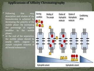  Following this step,
desorption and elution of the
biomolecules is achieved by
decreasing the polarity of the
mobile phase (by increasing
the percentage of organic
modifier in the mobile
phase).
 At the end of the separation,
the mobile phase should be
nearly 100% organic to
ensure complete removal of
all bound substances.
Applications of Affinity Chromatography
 