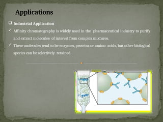  Industrial Application
 Affinity chromatography is widely used in the pharmaceutical industry to purify
and extract molecules of interest from complex mixtures.
 These molecules tend to be enzymes, proteins or amino acids, but other biological
species can be selectively retained.
Applications
 