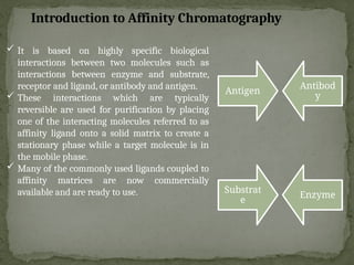  It is based on highly specific biological
interactions between two molecules such as
interactions between enzyme and substrate,
receptor and ligand, or antibody and antigen.
 These interactions which are typically
reversible are used for purification by placing
one of the interacting molecules referred to as
affinity ligand onto a solid matrix to create a
stationary phase while a target molecule is in
the mobile phase.
 Many of the commonly used ligands coupled to
affinity matrices are now commercially
available and are ready to use.
Antigen
Antibod
y
Substrat
e
Enzyme
Introduction to Affinity Chromatography
 
