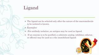 Ligand
 The ligand can be selected only after the nature of the macromolecule
to be isolated is known.
 Examples:
 For antibody isolation ,an antigen may be used as ligand.
 If an enzyme is to be purified, a substrate analog, inhibitor, cofactor,
or effector may be used as a the immobilized ligand.
 