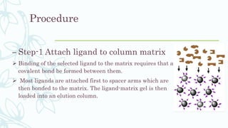 Procedure
– Step-1 Attach ligand to column matrix
 Binding of the selected ligand to the matrix requires that a
covalent bond be formed between them.
 Most ligands are attached first to spacer arms which are
then bonded to the matrix. The ligand-matrix gel is then
loaded into an elution column.
 