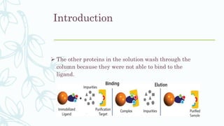 Introduction
 The other proteins in the solution wash through the
column because they were not able to bind to the
ligand.
 