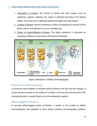 SYED MUHAMMAD KHAN (BS HONS. ZOOLOGY)
4
1. Preparation of Column: The column is loaded with solid support such as
sepharose, agarose, cellulose, etc. Ligand is selected according to the desired
isolate. The spacer arm is attached between the ligand and solid support.
2. Loading of Sample: Solution containing a mixture of substances is poured into the
elution column and allowed to run at a controlled rate.
3. Elution of Ligand-Molecule Complex: The target substance is recovered by
changing conditions to favor elution of the bound molecules.
Figure: Mechanism of Affinity Chromatography
Mechanism of Affinity Binding
A commonly used metaphor to illustrate affinity binding is the lock and key analogy. A
unique structure present on the surface of a protein is the key that will only bind to the
corresponding lock, a specific ligand on a chromatographic support.
Affinity-tagged Purification
In two-step affinity-tagged protein purification, a protein is first purified by affinity
chromatography, then desalted. In some medium pressure chromatography systems,
 