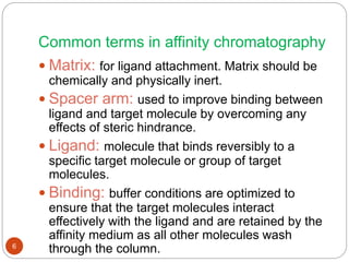 Common terms in affinity chromatography
 Matrix: for ligand attachment. Matrix should be
chemically and physically inert.
 Spacer arm: used to improve binding between
ligand and target molecule by overcoming any
effects of steric hindrance.
 Ligand: molecule that binds reversibly to a
specific target molecule or group of target
molecules.
 Binding: buffer conditions are optimized to
ensure that the target molecules interact
effectively with the ligand and are retained by the
affinity medium as all other molecules wash
through the column.6
 