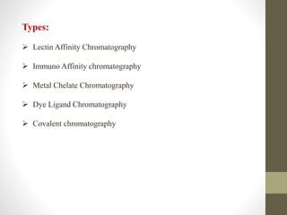 Types:
 Lectin Affinity Chromatography
 Immuno Affinity chromatography
 Metal Chelate Chromatography
 Dye Ligand Chromatography
 Covalent chromatography
 