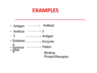 EXAMPLES
• Antigen
• Antibod
y
• Substrat
e
• DNA
• Hormon
e
Antibod
y
Antigen
Enzyme
Histon
Binding
Protein/Receptor
 