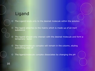 Ligand
16
 The Ligand binds only to the desired molecule within the solution
 The ligand attaches to the matrix which is made up of an inert
substance
 The ligand should only interact with the desired molecule and form a
temporary bond
 The ligand/molecule complex will remain in the column, eluting
everything else off
 The ligand/molecule complex dissociates by changing the pH
 
