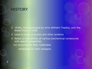 HISTORY
2
 1930s, first developed by Arne Wilhelm Tiselius, won the
Nobel Prize in 1948
 Used to study enzymes and other proteins
 Relies on the affinity of various biochemical compounds
with specific properties
ex) enzymes for their substrates
antibodies for their antigens
 