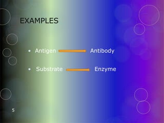 EXAMPLES
• Antigen
• Substrate
Antibody
Enzyme
5
 