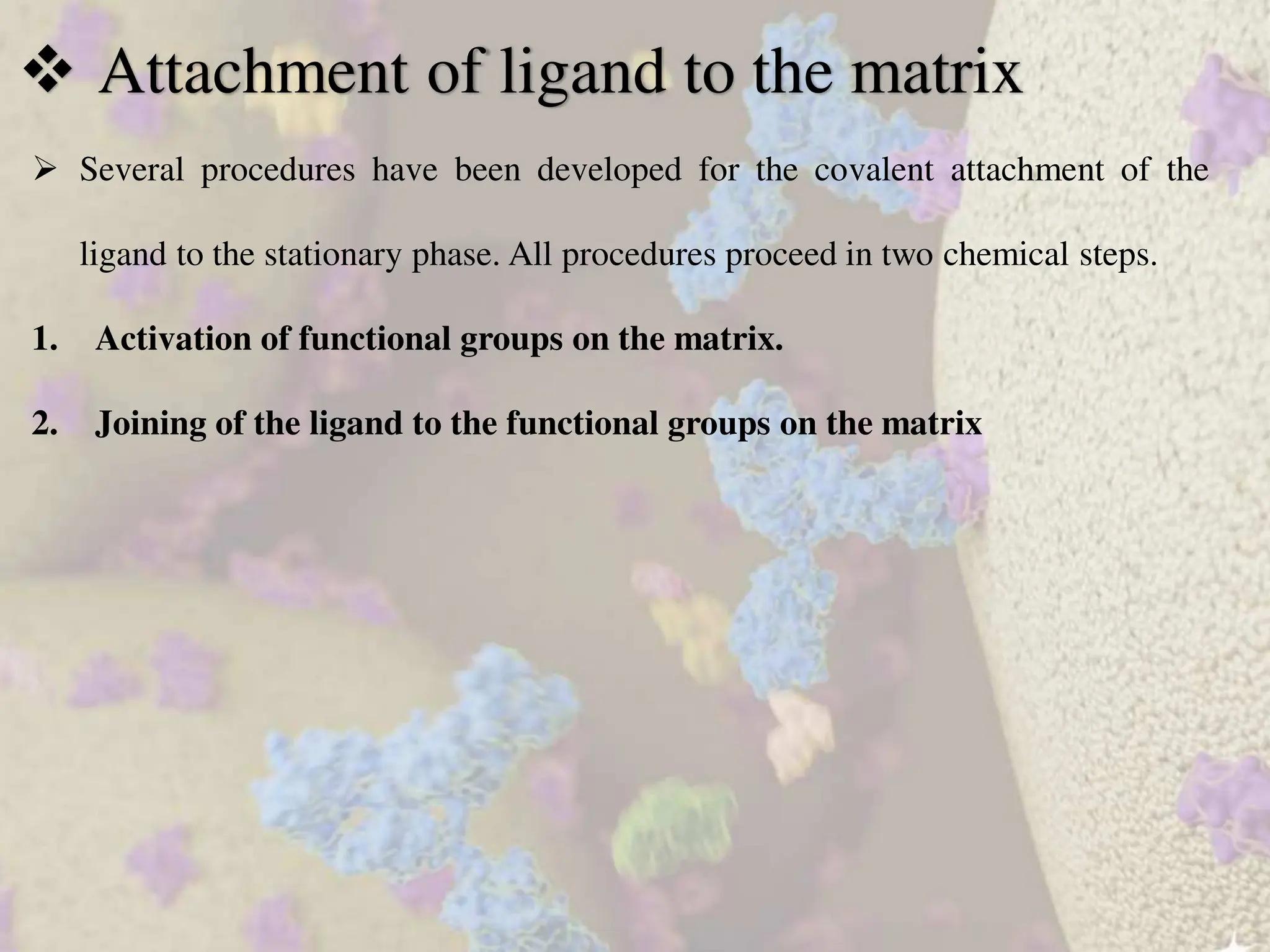  Several procedures have been developed for the covalent attachment of the
ligand to the stationary phase. All procedures proceed in two chemical steps.
1. Activation of functional groups on the matrix.
2. Joining of the ligand to the functional groups on the matrix
 Attachment of ligand to the matrix
 