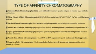 TYPE OF AFFINITY CHROMATOGRAPHY
1 ️
1️⃣Immunoaffinity Chromatography (IAC): Uses antibodies to capture specific antigens or proteins (e.g., antibody
purification).
2️⃣Metal Chelate Affinity Chromatography (IMAC): Utilizes metal ions (Ni² , Co² , Zn² , Cu² )
⁺ ⁺ ⁺ ⁺ to bind His-tagged
proteins
.
3 ️
3️⃣Lectin Affinity Chromatography: Uses lectins to bind glycoproteins and carbohydrate-containing molecules.
4️⃣Protein A/G Affinity Chromatography: Specifically purifies immunoglobulins (antibodies) using Protein A or G.
5 ️
5️⃣Dye-Ligand Affinity Chromatography: Employs synthetic dye ligands to bind enzymes and proteins based on
structural similarities.
6️⃣Nucleic Acid Affinity Chromatography: Uses DNA or RNA sequences to purify nucleic acid-binding proteins.
7 ️
7️⃣Heparin Affinity Chromatography: Binds coagulation factors, growth factors, and plasma proteins using
heparin as a ligand.
 