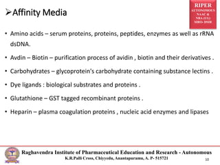 RIPER
AUTONOMOUS
NAAC &
NBA (UG)
SIRO- DSIR
Raghavendra Institute of Pharmaceutical Education and Research - Autonomous
K.R.Palli Cross, Chiyyedu, Anantapuramu, A. P- 515721 10
• Amino acids – serum proteins, proteins, peptides, enzymes as well as rRNA
dsDNA.
• Avdin – Biotin – purification process of avidin , biotin and their derivatives .
• Carbohydrates – glycoprotein's carbohydrate containing substance lectins .
• Dye ligands : biological substrates and proteins .
• Glutathione – GST tagged recombinant proteins .
• Heparin – plasma coagulation proteins , nucleic acid enzymes and lipases
Affinity Media
 