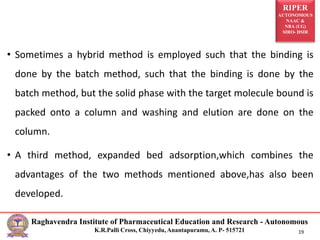 RIPER
AUTONOMOUS
NAAC &
NBA (UG)
SIRO- DSIR
Raghavendra Institute of Pharmaceutical Education and Research - Autonomous
K.R.Palli Cross, Chiyyedu, Anantapuramu, A. P- 515721 19
• Sometimes a hybrid method is employed such that the binding is
done by the batch method, such that the binding is done by the
batch method, but the solid phase with the target molecule bound is
packed onto a column and washing and elution are done on the
column.
• A third method, expanded bed adsorption,which combines the
advantages of the two methods mentioned above,has also been
developed.
 