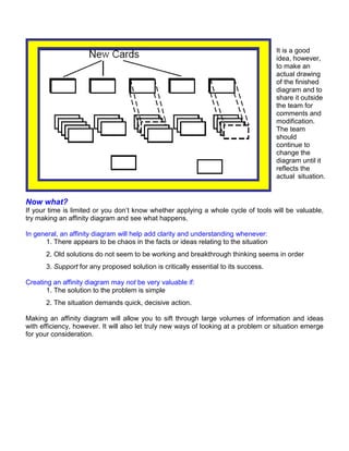 It is a good
                                                                                     idea, however,
                                                                                     to make an
                                                                                     actual drawing
                                                                                     of the finished
                                                                                     diagram and to
                                                                                     share it outside
                                                                                     the team for
                                                                                     comments and
                                                                                     modification.
                                                                                     The team
                                                                                     should
                                                                                     continue to
                                                                                     change the
                                                                                     diagram until it
                                                                                     reflects the
                                                                                     actual situation.


Now what?
If your time is limited or you don’t know whether applying a whole cycle of tools will be valuable,
try making an affinity diagram and see what happens.

In general, an affinity diagram will help add clarity and understanding whenever:
      1. There appears to be chaos in the facts or ideas relating to the situation
      2. Old solutions do not seem to be working and breakthrough thinking seems in order
      3. Support for any proposed solution is critically essential to its success.

Creating an affinity diagram may not be very valuable if:
       1. The solution to the problem is simple
      2. The situation demands quick, decisive action.

Making an affinity diagram will allow you to sift through large volumes of information and ideas
with efficiency, however. It will also let truly new ways of looking at a problem or situation emerge
for your consideration.
 