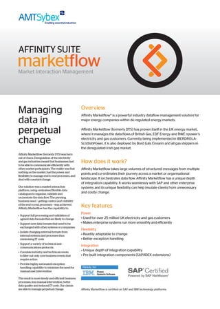 Managing                                           Overview
                                                   Affinity Marketflow® is a powerful industry dataflow management solution for
data in                                            major energy companies within de-regulated energy markets.


perpetual                                          Affinity Marketflow (formerly DTS) has proven itself in the UK energy market,
                                                   where it manages the data flows of British Gas, EDF Energy and RWE npower’s

change                                             electricity and gas customers. Currently being implemented in IBERDROLA-
                                                   ScottishPower, it is also deployed by Bord Gáis Éireann and all gas shippers in
                                                   the deregulated Irish gas market.
Affinity Marketflow (formerly DTS) was born
out of chaos. Deregulation of the electricity
and gas industries meant that businesses had
to be able to communicate efficiently with
                                                   How does it work?
other market participants. The reality was that    Affinity Marketflow takes large volumes of structured messages from multiple
nothing on the market, had the power and
                                                   points and co-ordinates their journey across a market or organisational
flexibility to manage end to end processes, and
deal with constant change.                         landscape. It orchestrates data flow. Affinity Marketflow has a unique depth
                                                   of integration capability. It works seamlessly with SAP and other enterprise
Our solution was a market interaction              systems and its unique flexibility can help insulate clients from unnecessary
platform, using centralised flexible data
catalogues to organise, validate and               and costly change.
orchestrate the data flow. The pressing
business need – getting control and visibility
of the end to end processes – was achieved.
Affinity Marketflow has the capability to:
                                                   Key features
                                                   Power
· Support full processing and validation of
  agreed data formats that are likely to change    • Used for over 25 million UK electricity and gas customers
· Support new data formats that need to be        • Makes enterprise systems run more smoothly and efficiently
  exchanged with other systems or companies
                                                   Flexibility
· Isolate changing external formats from
  internal systems and processes thus              • Readily adaptable to change
  minimising IT costs                              • Better exception handling
· Support a variety of technical and
  communications protocols
                                                   Integration
· Correlate industry and technical events
                                                   • Unique depth of integration capability
  to filter out only core business events that     • Pre-built integration components (SAP/IDEX extensions)
  require action
·  Provide highly automated exception
    handling capability to minimise the need for
    manual user intervention

The result is more timely and efficient business
processes, less manual intervention, better
data quality and reduced IT costs. Our clients
are able to manage perpetual change.               Affinity Marketflow is certified on SAP and IBM technology platforms.
 