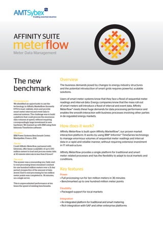 The new                                           Overview
                                                  The business demands posed by changes to energy industry structures
benchmark                                         and the potential introduction of smart grids requires powerful, scalable
                                                  solutions.

                                                  Users of smart meter systems know that they face a flood of sequential meter
The background
We identified an opportunity to use the
                                                  readings and interval data. Energy companies know that the mass roll-out
technology in Affinity Marketflow (formerly       of smart meters will introduce a flood of interval and event data. Affinity
DTS) to load, validate, store and provide         Meterflow® meets these huge demands for data processing performance and
smart meter interval and event data to
                                                  enables the smooth interaction with business processes involving other parties
external systems. The challenge was to build
a platform that could process the enormous        in de-regulated energy markets.
data volumes at speed, without requiring
correspondingly large investment in new
hardware. We teamed up with IBM using their
Informix TimeSeries software.                     How does it work?
The place
                                                  Affinity Meterflow is built upon Affinity Marketflow®, our proven market
IBM Power Systems Benchmark Center,               interaction platform. It works by using IBM® Informix® TimeSeries technology
Montpellier, France, 2011.                        to manage enormous volumes of sequential meter readings and interval
                                                  data in a rapid and reliable manner, without requiring extensive investment
The test
Could Affinity Meterflow, partnered with          in IT infrastructure.
Informix, offer linear scalability of up to 100
million meters to load and process meter data     Affinity Meterflow provides a single platform for traditional and smart
at 30 minute intervals in less than 8 hours?
                                                  meter related processes and has the flexibility to adapt to local markets and
The result                                        conditions.
The answer was a resounding yes. Daily end-
to-end processing times remained constant
for one hundred million meters over a 31 day
period, irrespective of the amount of data        Key features
stored. End to end processing for ten million
meter points was completed in 36 minutes,         Power
on a single server.                               •  ull processing run for ten million meters in 36 minutes
                                                    F
                                                  • Benchmarked up to one hundred million meter points
This is unprecedented performance at ten
times the speed of existing benchmarks.
                                                  Flexibility
                                                  • Packaged support for local markets

                                                  Integration
                                                  • An integrated platform for traditional and smart metering
                                                  • Rich integration with SAP and other enterprise platforms
 