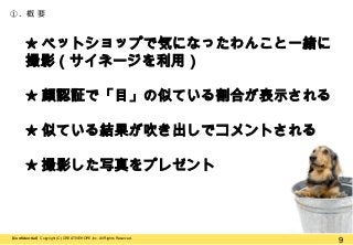 ①. 概 要

★ ペットショップで気になったわんこと一緒に
撮影（サイネージを利用）

★ 顔認証で「目」の似ている割合が表示される
★ 似ている結果が吹き出しでコメントされる
★ 撮影した写真をプレゼント

【Confidential】Copyright (C) CREATIVEHOPE,Inc. All Rights Reserved.

9

 