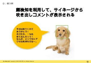 ②. 導入例

顔検知を利用して、サイネージから
吹き出しコメントが表示される
今日は来てくれて
ありがとう！
ボクたち、○％も
似てるんだって！
なんか、とってもシア
ワセな気持ちだな～。

【Confidential】Copyright (C) CREATIVEHOPE,Inc. All Rights Reserved.

13

 